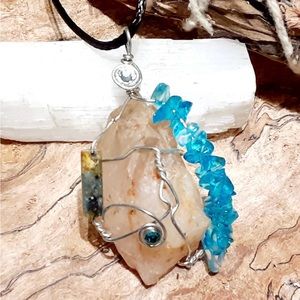 Boho yellow crackle quartz, jade crystal pendant necklace, handcrafted